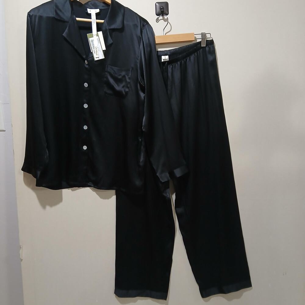 LILYSILK Pajama Set Womens Large Black 100% Mulberry Silk Machine Washable NWT